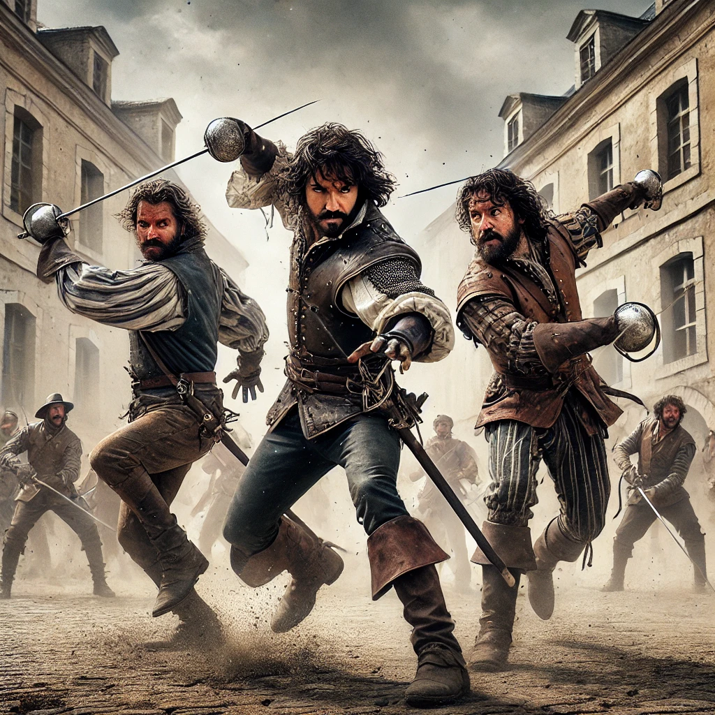 Athos, Aramis e Porthos lutando lado a lado.