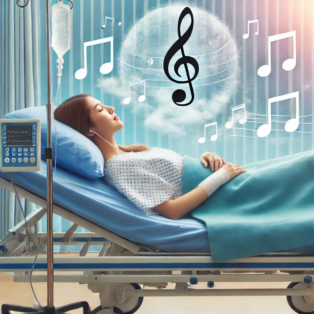 Paciente ouvindo música relaxante antes de cirurgia.