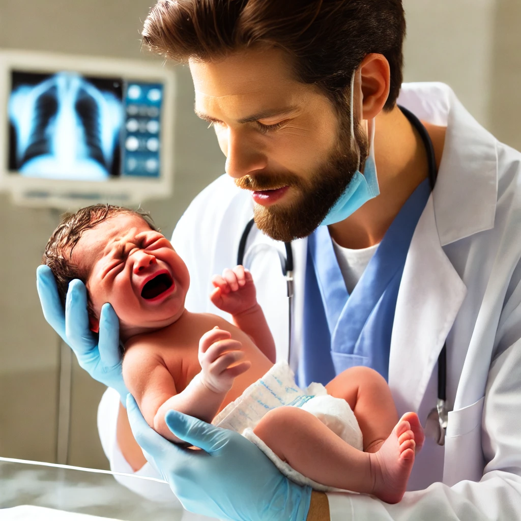 Bebê recém-nascido chorando ao ser segurado por um médico.