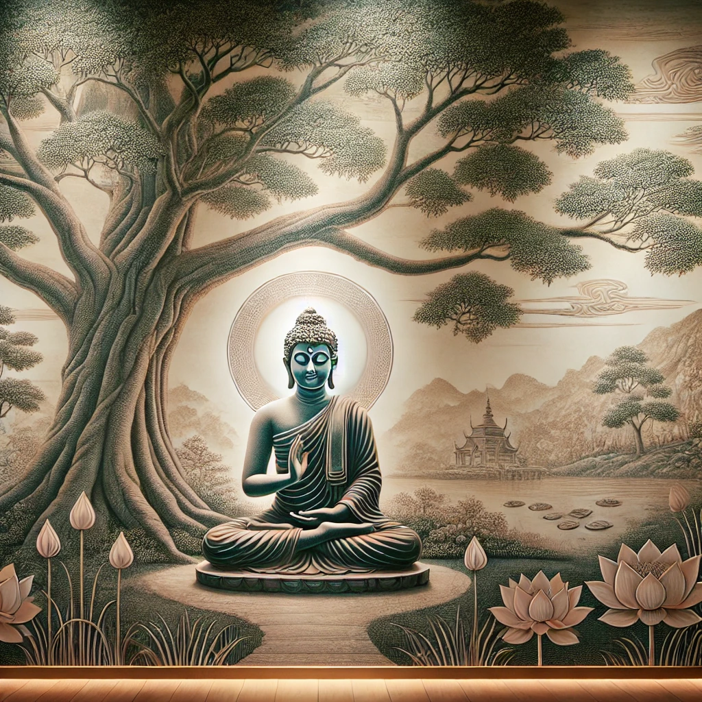 Representação de Buda meditando sob uma árvore.