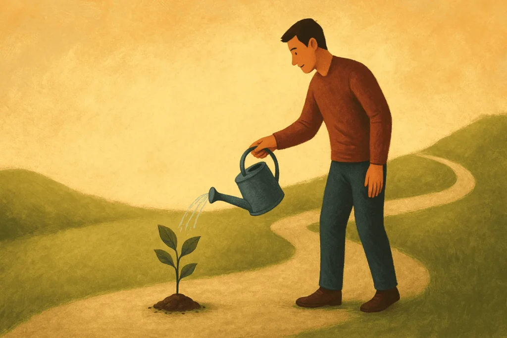 Como a Disciplina Transforma a Sua Vida: O Guia para o Sucesso e Persistência 4 Plantar e regar uma planta representando disciplina e crescimento gradual