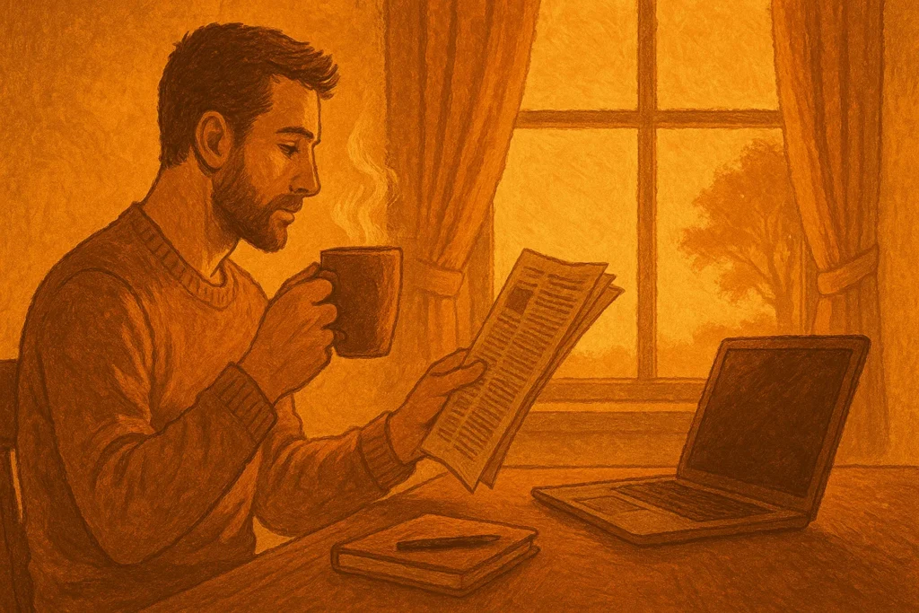 Como a Disciplina Transforma a Sua Vida: O Guia para o Sucesso e Persistência 2 Rotina matinal disciplinada com café, jornal e preparação para o trabalho