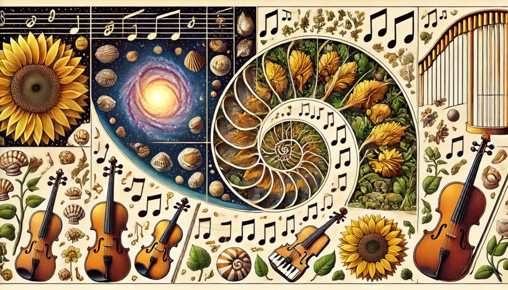 Ilustração da sequência de Fibonacci aplicada à música e natureza.