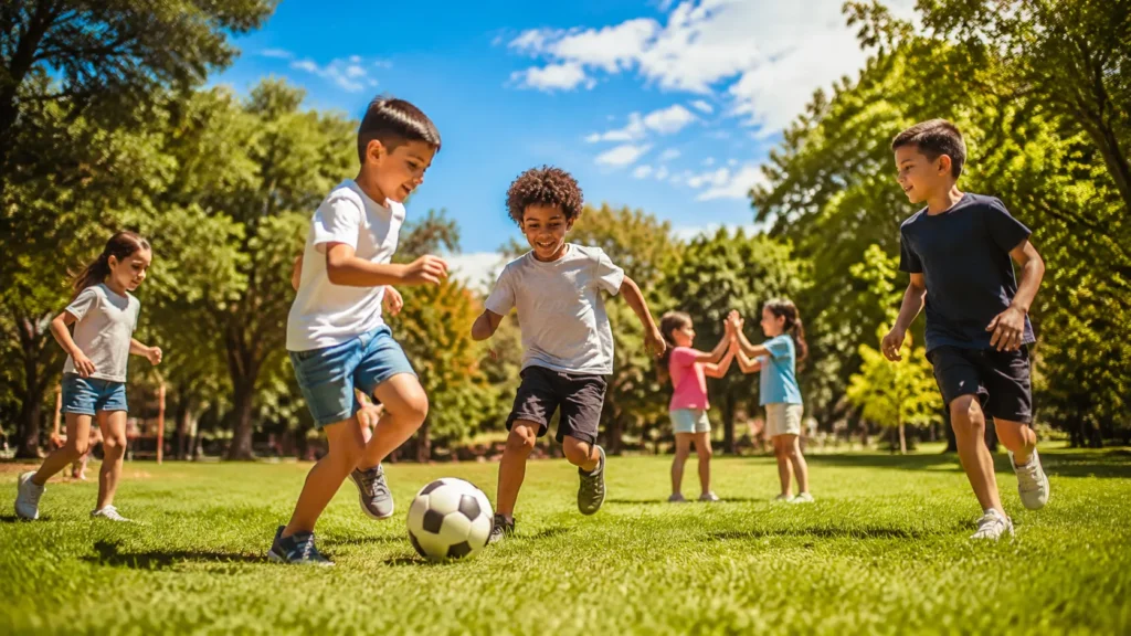 Crianças aprendendo e brincando ao ar livre com interação social e diversão educativa
