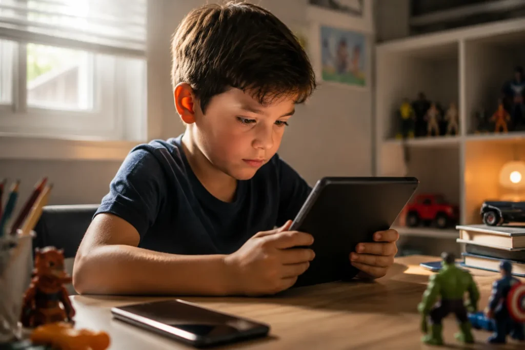 Criança usando tablet e smartphone em ambiente interno