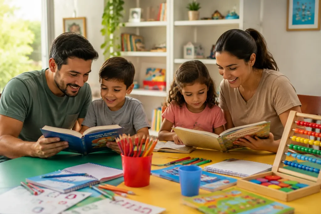 Adultos interagindo com crianças em atividades educativas