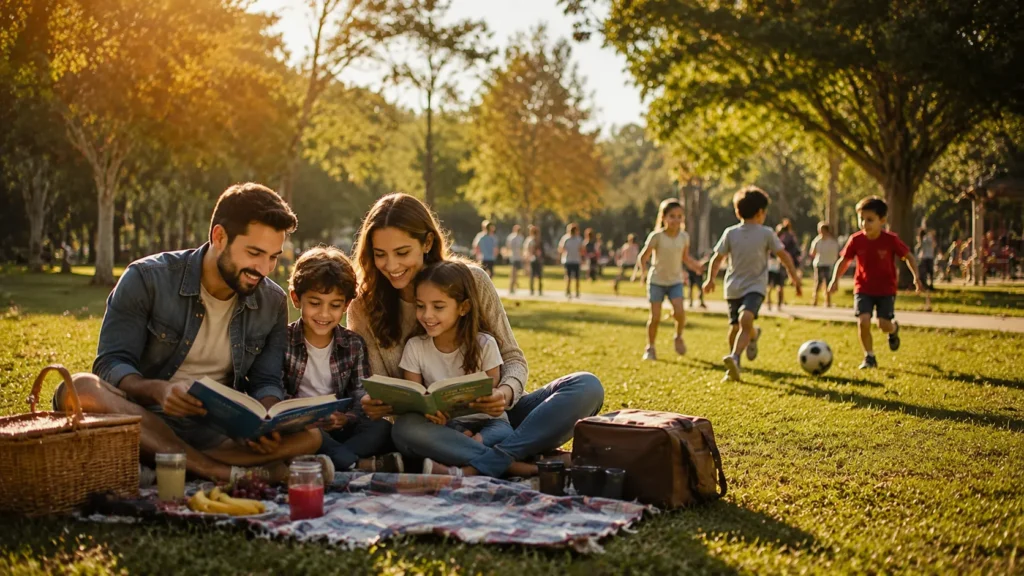 Família lendo e brincando ao ar livre com crianças