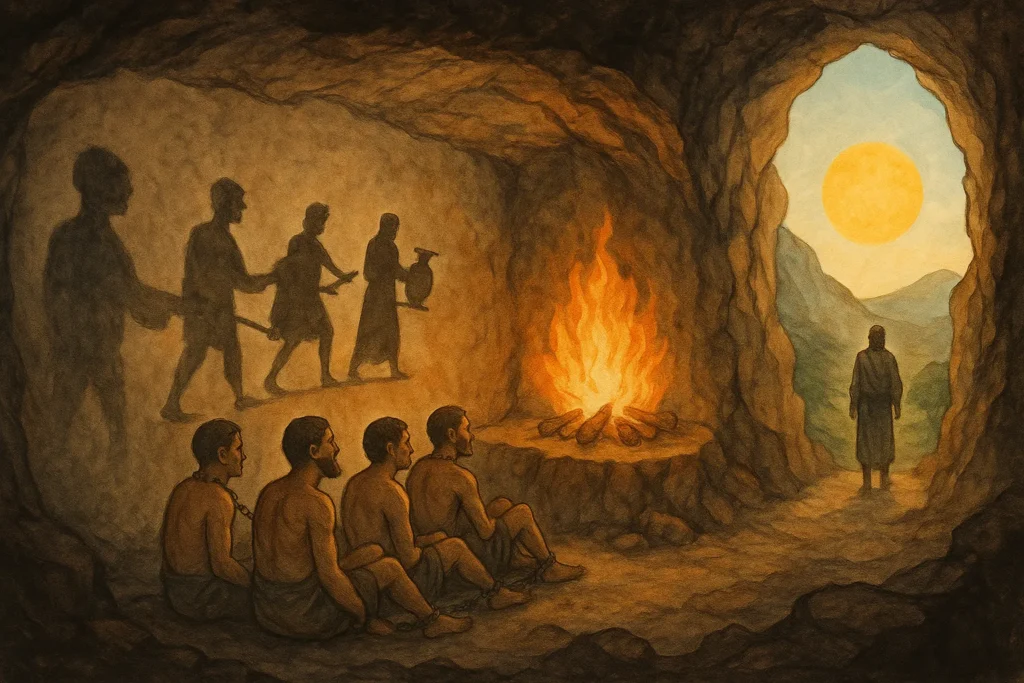 Você Confia no Senso Comum? Platão Explica Por Que Esse Pode Ser o Seu Erro 1 representação da alegoria da caverna de Platão com prisioneiros vendo sombras