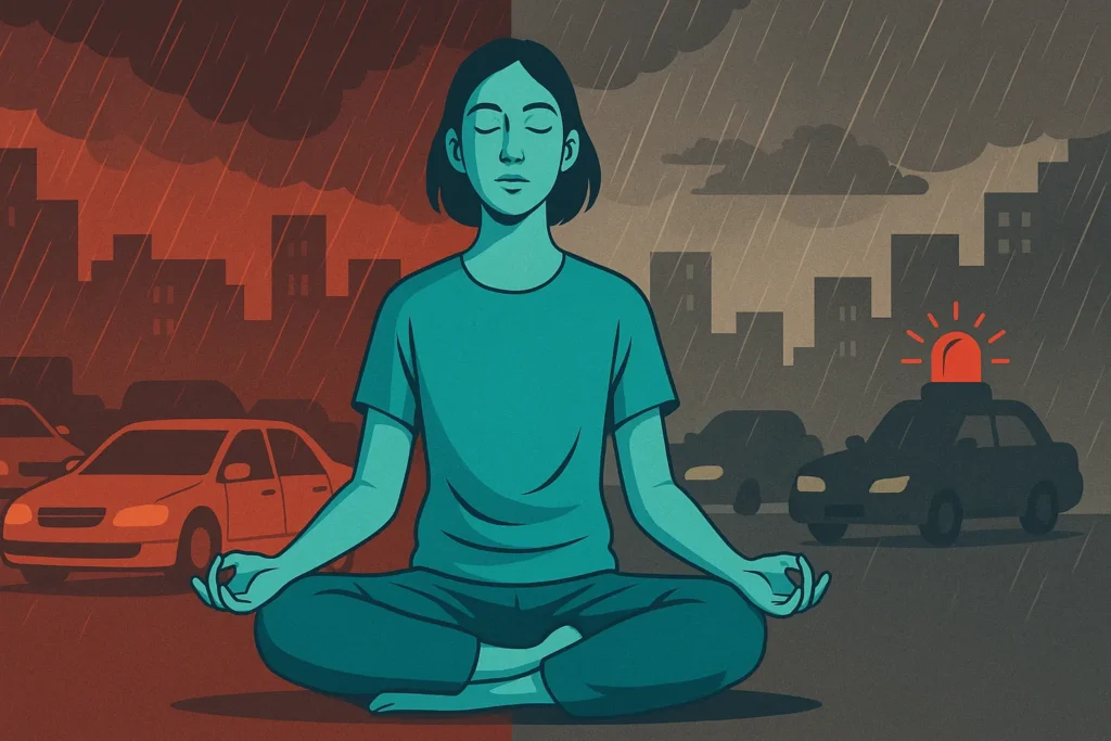 Pessoa meditando em meio ao caos urbano