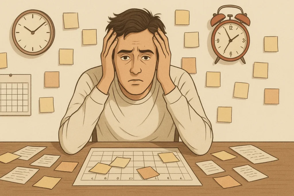 Pessoa estressada tentando organizar a vida com post-its e agendas