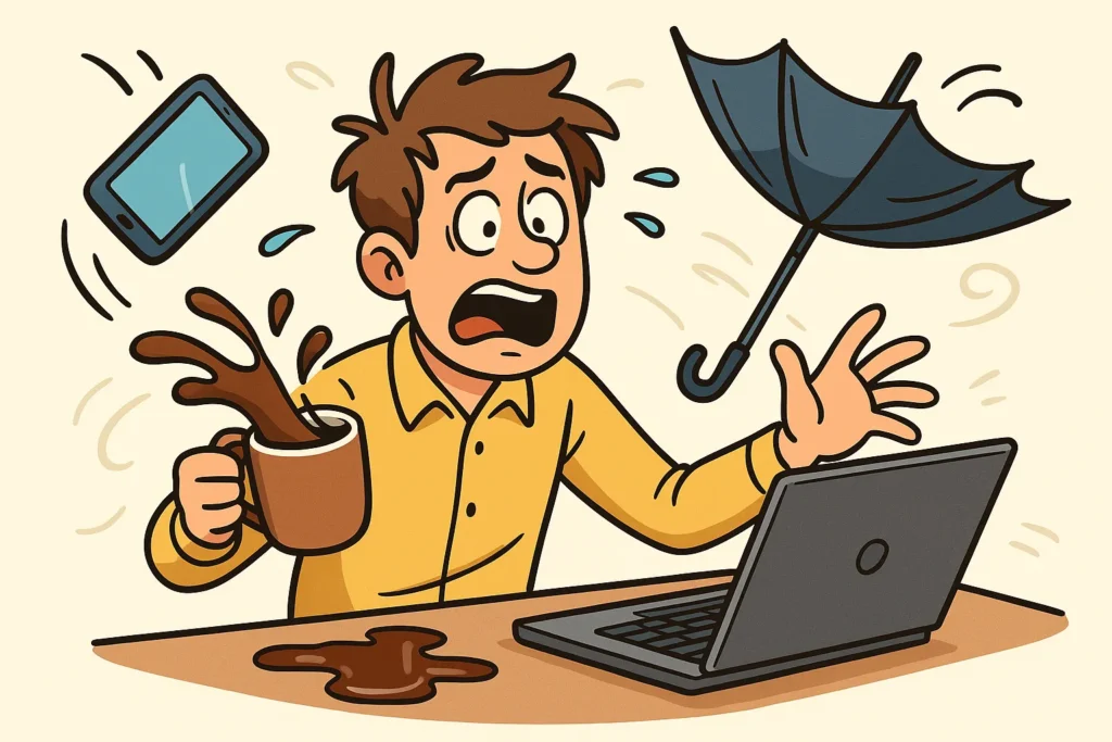 Ilustração representando a Lei de Murphy com objetos caindo ou dando errado