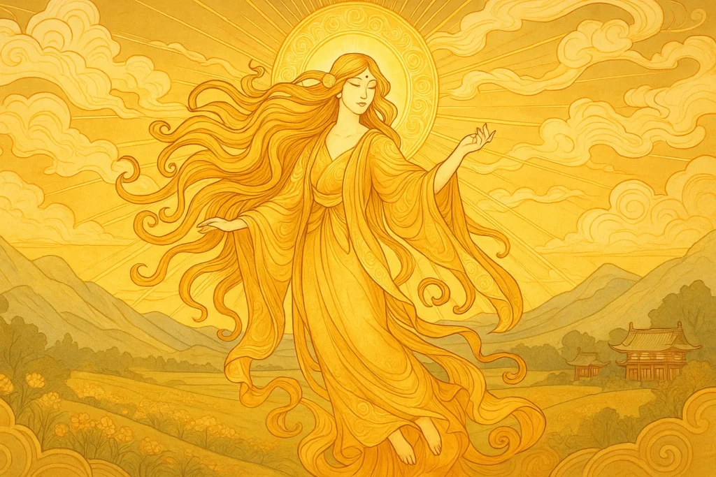 Deusa Amaterasu: O Brilho Divino Feminino da Mitologia Japonesa 3 Ilustração da deusa Amaterasu brilhando nos céus
