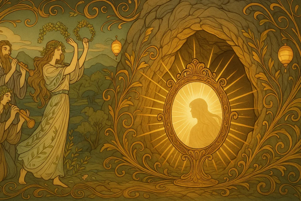 Deusa Amaterasu: O Brilho Divino Feminino da Mitologia Japonesa 6 Espelho sendo usado para atrair a Deusa do Sol Amaterasu da caverna
