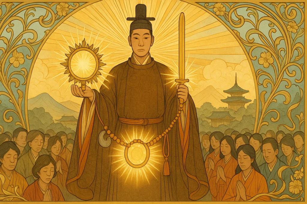 Deusa Amaterasu: O Brilho Divino Feminino da Mitologia Japonesa 10 Imperador japonês apresentando os Tesouros Sagrados como símbolo de renascimento após a Segunda Guerra
