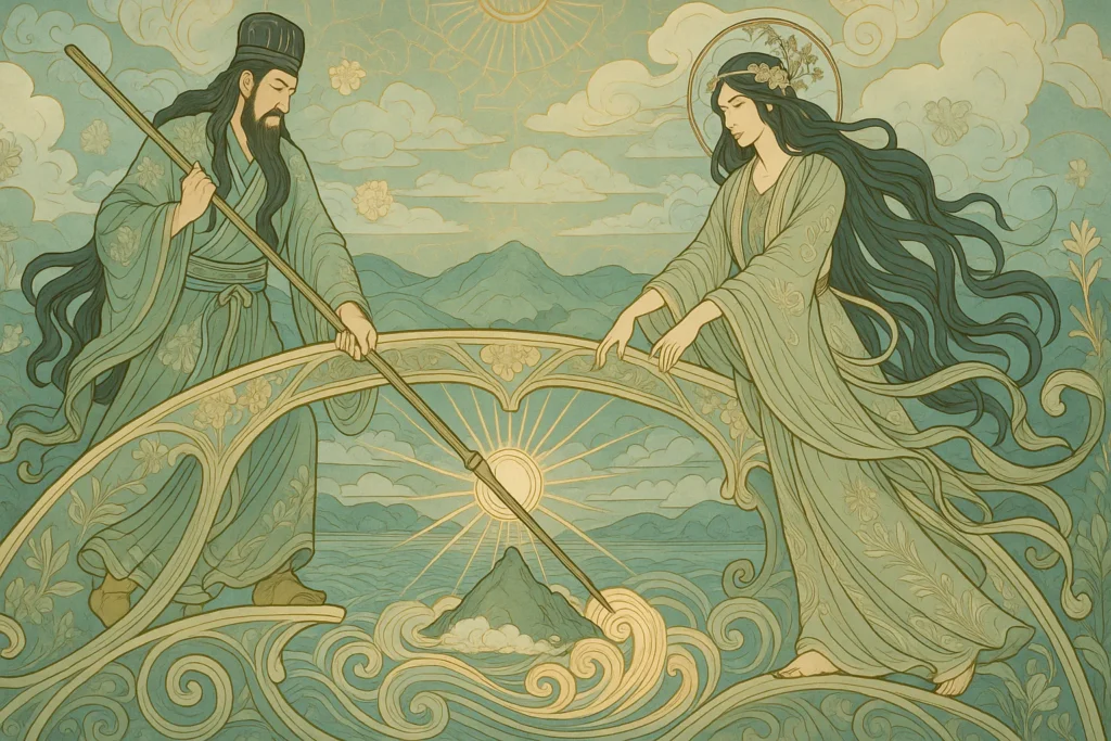 Deusa Amaterasu: O Brilho Divino Feminino da Mitologia Japonesa 2 Izanagi e Izanami criando o mundo com a lança sagrada segundo a mitologia japonesa