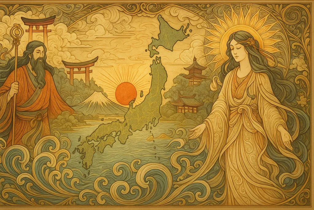 Deusa Amaterasu: O Brilho Divino Feminino da Mitologia Japonesa 1 Mapa e paisagem do Japão com referências à mitologia japonesa