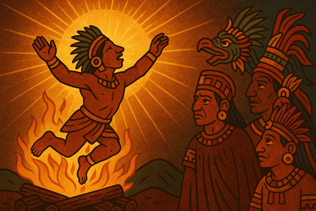 Mitologia Asteca: O Sacrifício como Chave para a Vida 3 Deus Nanahuatzin se lançando à fogueira na mitologia asteca