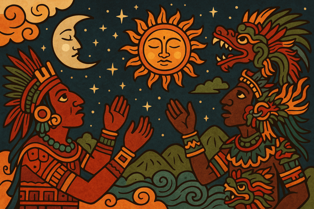 Mitologia Asteca: O Sacrifício como Chave para a Vida 2 Representação simbólica da mitologia asteca com deuses e astros ao fundo