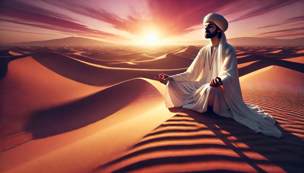 O Segredo do Eu de Ouro: A Lição Sufi Sobre o Encontro da Felicidade 1 Ilustração de um mestre sufi meditando em um deserto ao pôr do sol