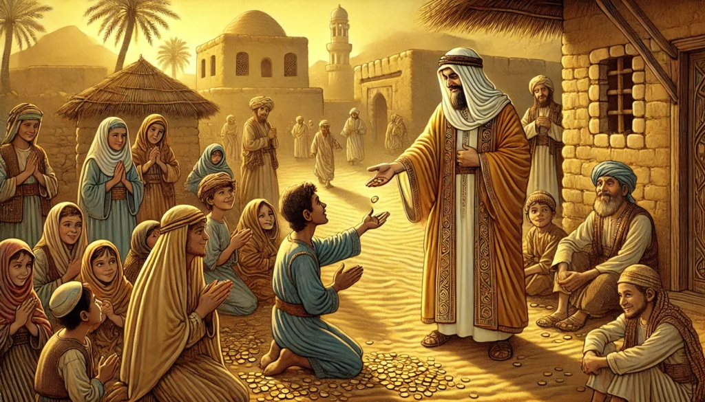 O Segredo do Eu de Ouro: A Lição Sufi Sobre o Encontro da Felicidade 2 Representação de Abdul Malik distribuindo moedas aos pobres em uma vila árabe