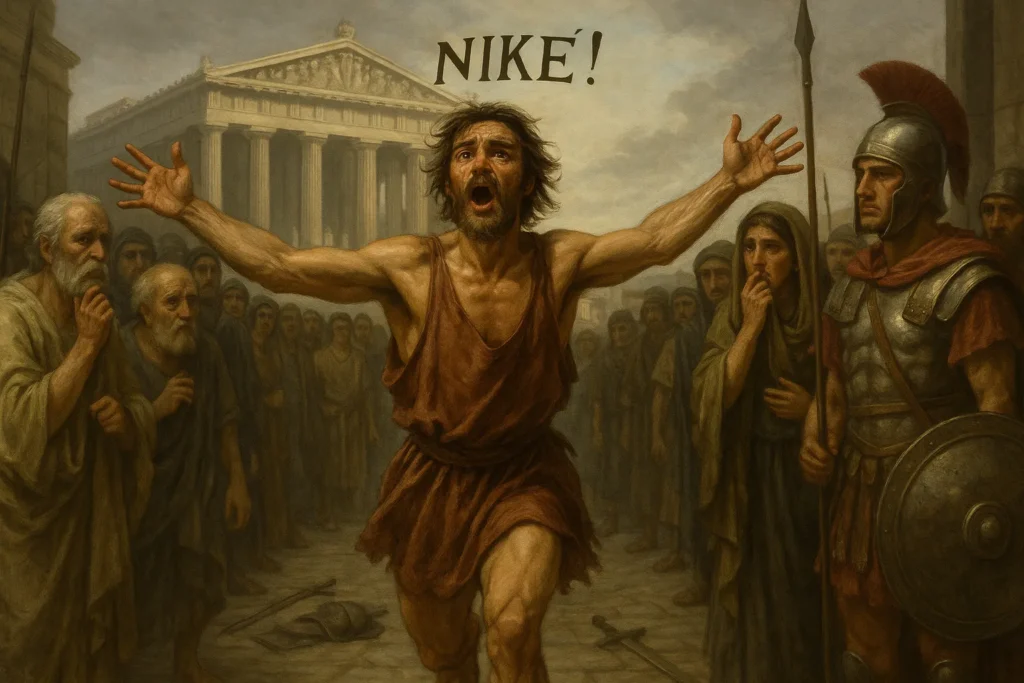 O Mito de Niké: A Vitória Sobre o Inimigo Interno 4 Fidípides correndo para Atenas com expressão de esforço