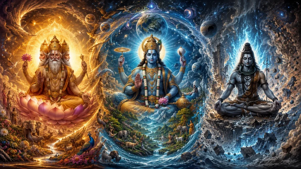 Brahma Vishnu e Shiva representando criação preservação e destruição