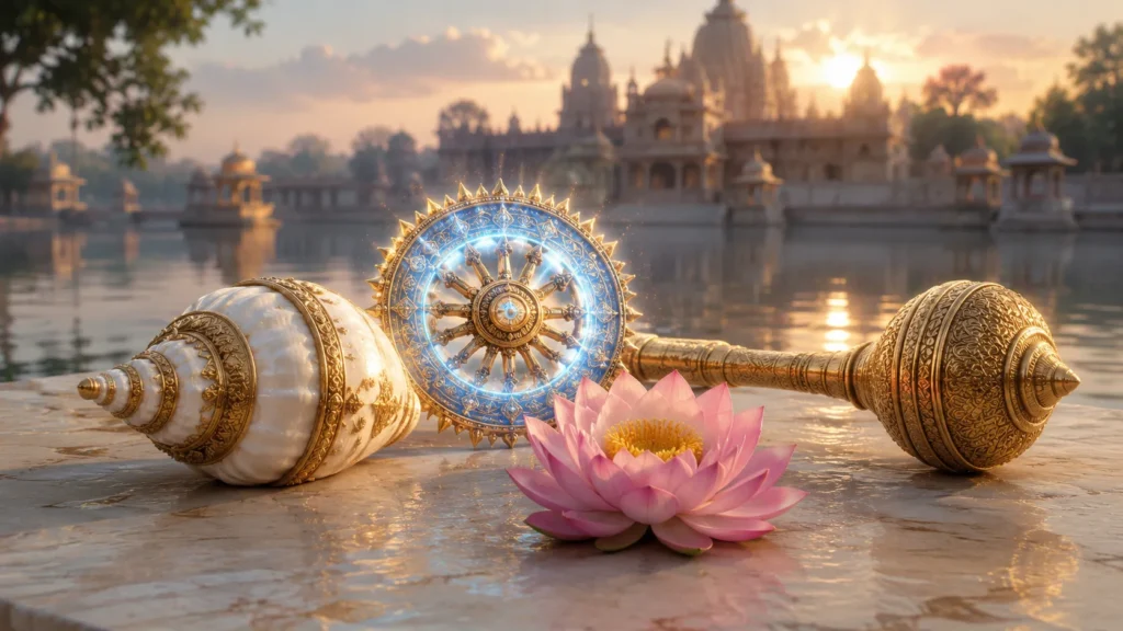 Símbolos de Vishnu: concha disco clava e flor de lótus