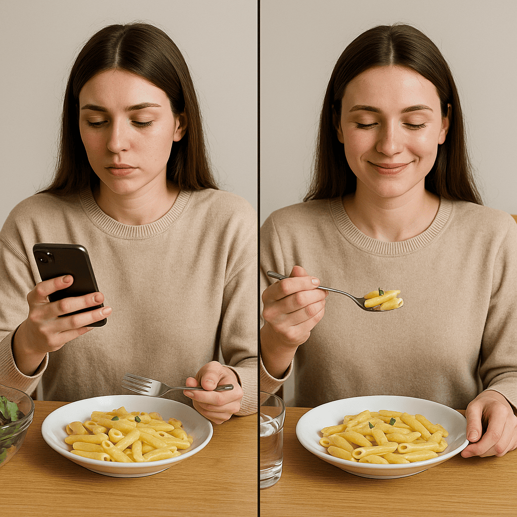 Mindful Eating 1 Pessoa sentada distraída enquanto mexe no celular e come