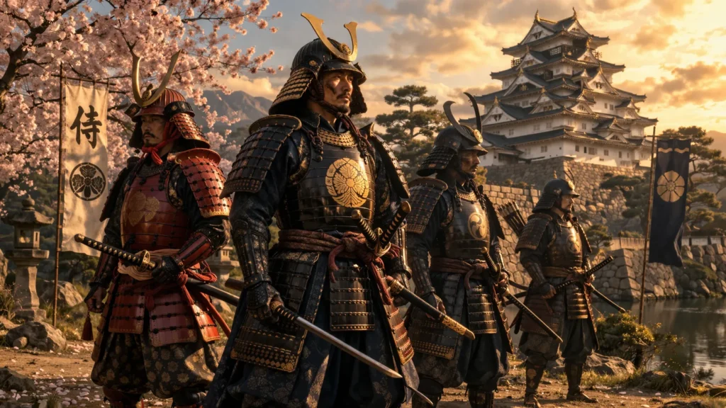 Samurais no Japão feudal com armaduras tradicionais