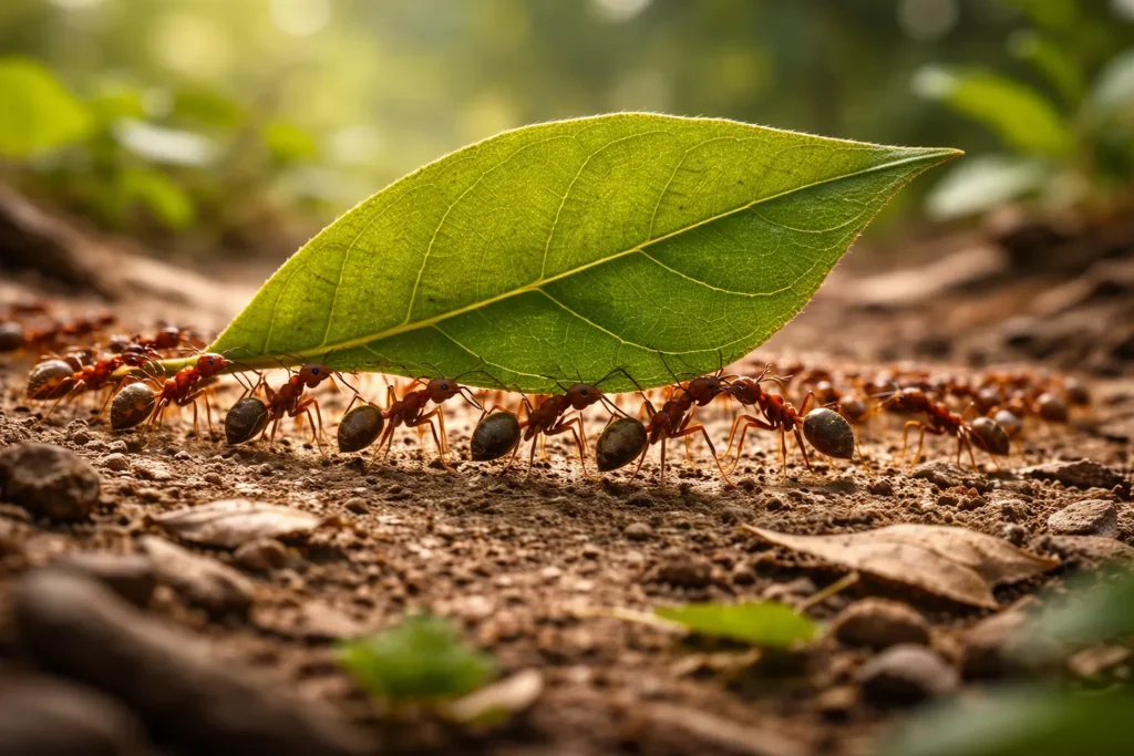 formigas trabalhando juntas transportando alimento no formigueiro