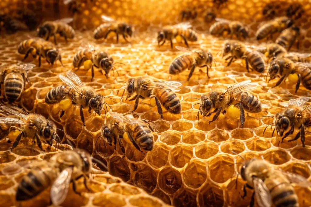 abelhas trabalhando em cooperação dentro de uma colmeia
