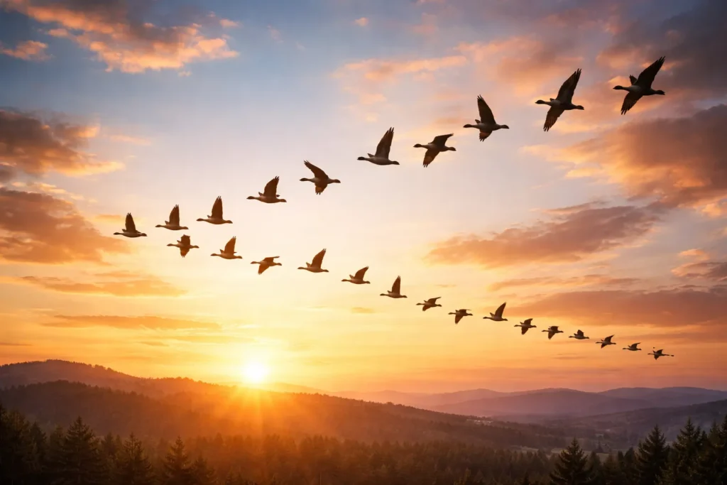 bando de pássaros voando em formação cooperativa