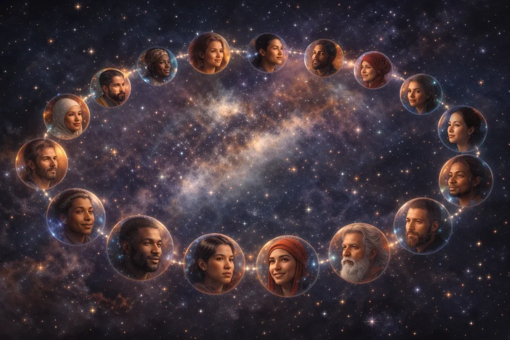 Colar de contas coloridas conectadas por fio invisível simbolizando a humanidade