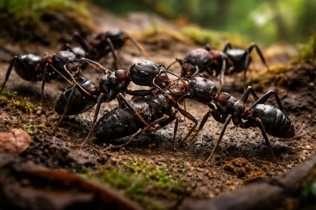 Formigas Megaponera analis carregando uma companheira ferida