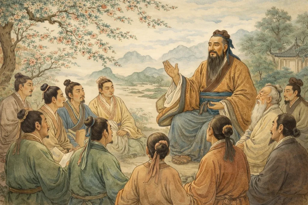 Ilustração de Confúcio entre cidadãos em harmonia