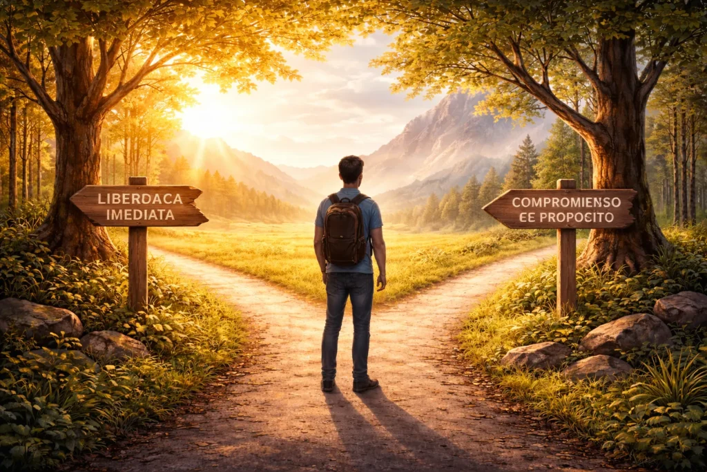 Pessoa diante de vários caminhos, refletindo sobre liberdade e compromisso