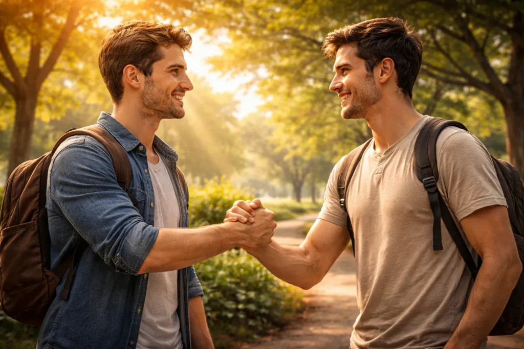 Amigos firmando compromisso mútuo com um aperto de mãos
