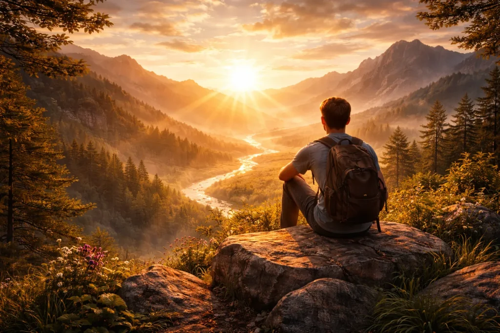 Ser humano em meio à natureza refletindo sobre seu propósito