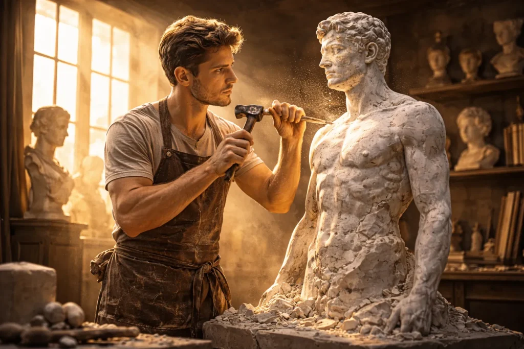 Escultor moldando uma figura humana como metáfora da própria construção