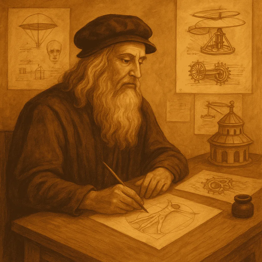 Leonardo Da Vinci desenhando sozinho em um ateliê silencioso