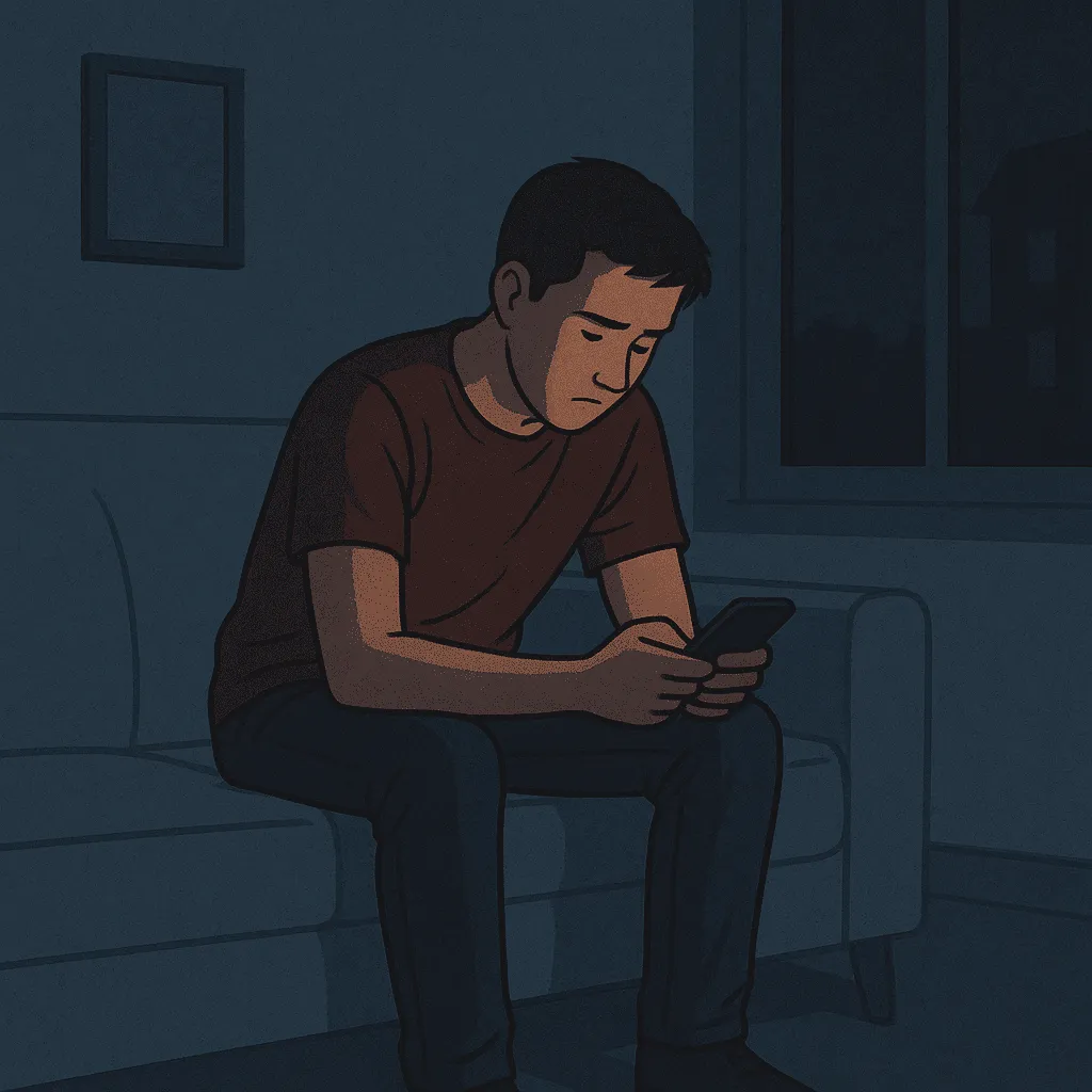Pessoa sozinha à noite olhando para o celular em um ambiente escuro e silencioso