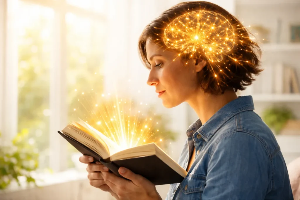 Ilustração conceitual de um cérebro iluminado por conexões neuronais ao ler um livro