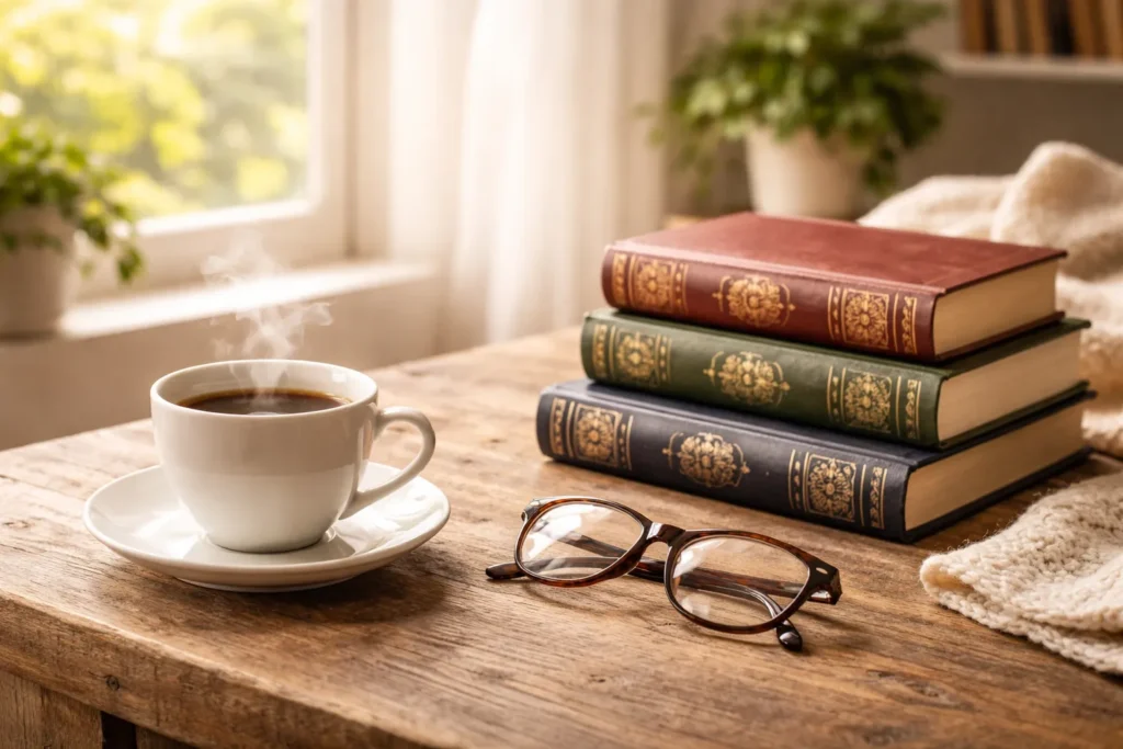 Pilha de livros clássicos sobre uma mesa de madeira com luz natural