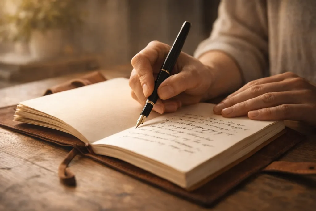 Mão escrevendo reflexões em um caderno de couro à luz de velas