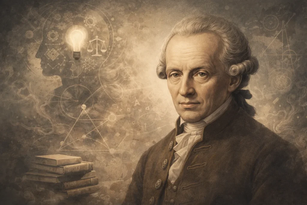 Ilustração de Immanuel Kant com fundo conceitual filosófico