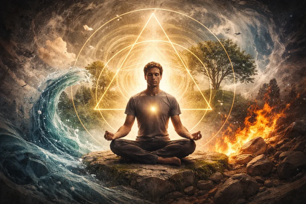 Homem em meio a símbolos universais e elementos da natureza