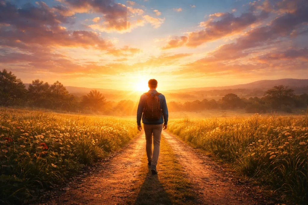 Pessoa caminhando em direção a um horizonte ensolarado representando novos começos