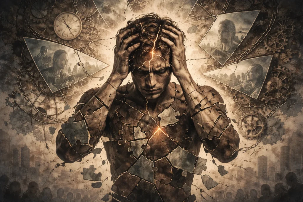 Representação visual de distúrbios mentais causados por desconexão com a essência