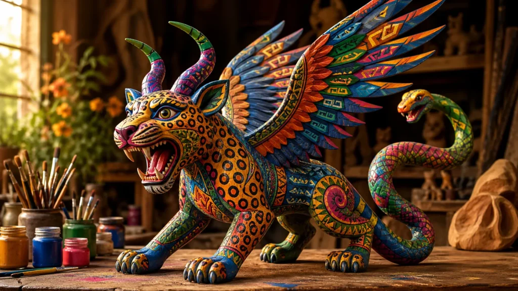 Simbolismo do Alebrije em criatura colorida da cultura mexicana