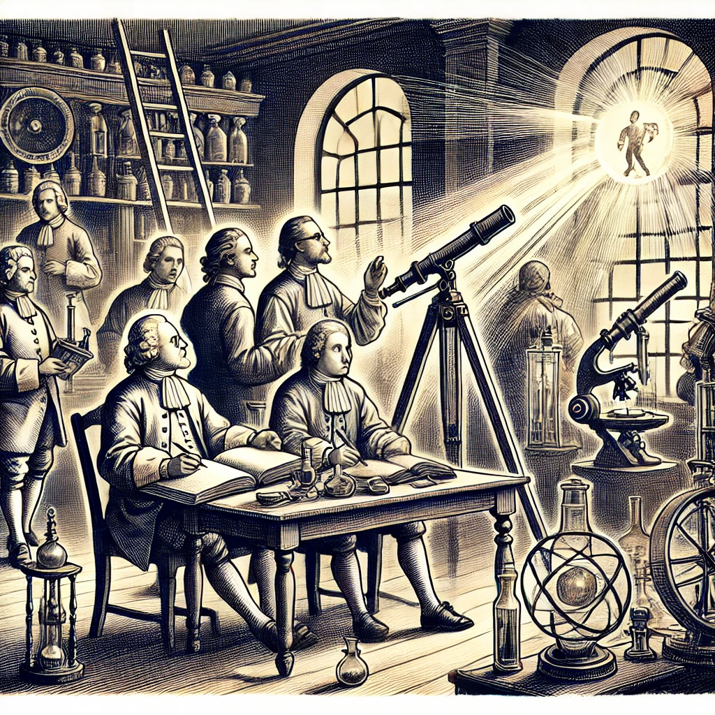 Ilustração de cientistas do século XVII estudando o Éter com equipamentos científicos antigos.